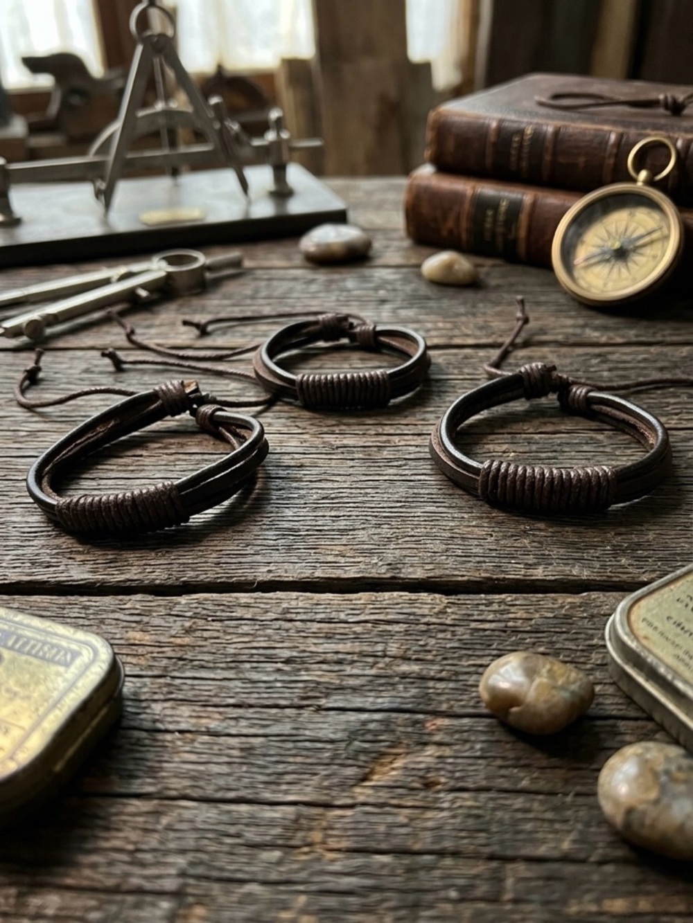 Hand Crafted Brown Leather Wrap Bracelet Trio